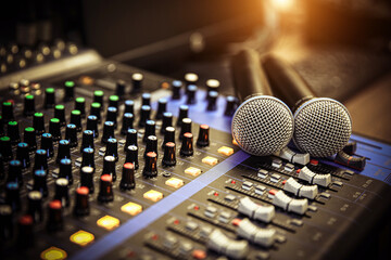 Wall Mural - Close-up microphone and sound mixer in studio for sound record control system and audio equipment and music instrument