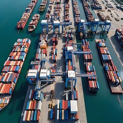  large container terminals and ports busy with international trade, commerce, industry, logistics and transportation, view from above