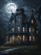 a haunted house in the dark with a full moon