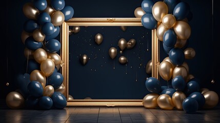 Luxury gold frame with balloon on the dark blue background AI Generative