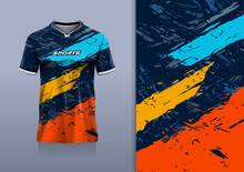 Tshirt Mockup Abstract Grunge Sport Jersey Design For Football Soccer, Racing, Esports, Running, Red Blue Color