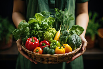 Wall Mural - woman hand hold it up fresh vegetable in basket