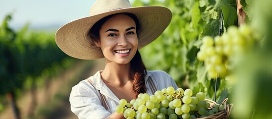 Poster - Small family owned vineyard with a cheerful woman in overalls and a straw hat selecting ripe grapes for sale or wine production With copyspace for text