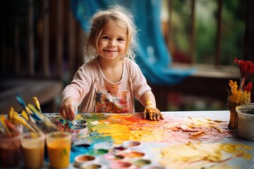 Portrait of cheerful kid girl painted in bright colors, Generative AI