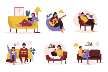 Wall Mural - Vector collection of people activities at sofa. Man and woman activities. Vector illustration collection set