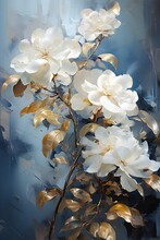 A Painting Of White Flowers On A Blue Background. Oil Painting Blue Gardenia, Perfect For Wall Art.