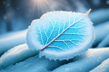 Beautiful winter background with a leaf covered with hoarfrost in nature in the snow.