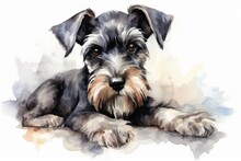 Generative AI : Miniture Schnauzer Watercolor Portrait Painting Illustrated Dog Puppy Isolated On White Background