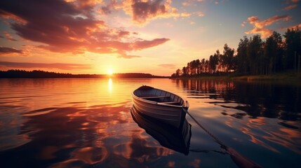 sunset, static boat in a lagoon surrounded by green trees and big clouds