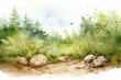 Generative AI : Sandy ground with green grass background. Watercolor illustration. 