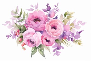 Wall Mural - Generative AI : Bouquet of spring delicate watercolor flowers for wedding greeting card.