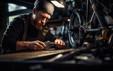 Wall Mural - A man repairing a bike in his garage