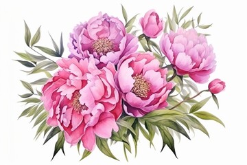 Wall Mural - Generative AI : Hand drawn bouquet of pink flowers. Watercolor composition with peonies.