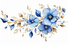 Generative AI : Blue Flowers With Golden Leaves Watercolor Illustration, Floral Luxury Art Design. 