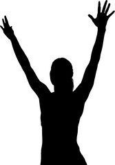 Poster - Digital png silhouette of woman raising hands on transparent background