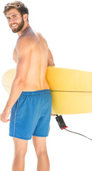 Digital png photo of happy caucasian surfer with surfboard turning around on transparent background