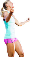 Wall Mural - Digital png photo of caucasian sportswoman raising hands and celebrating on transparent background