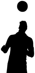 Digital png illustration of silhouette of male footballer with ball on transparent background