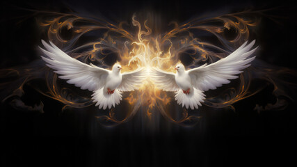 Illustration of two doves mirrored. Room for copy. Fire and sparks in the background, wings touching.