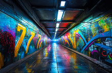 Graffiti Metro Dark Station Subway Train Underground Transportation Tunnel Urban Lights Illustration