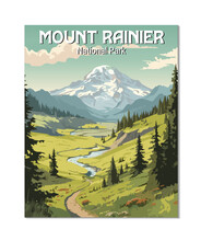 Vector Art Of Mount Rainier National Park. Template Of Illustration Graphic Modern Poster For Art Prints Or Banner Design
