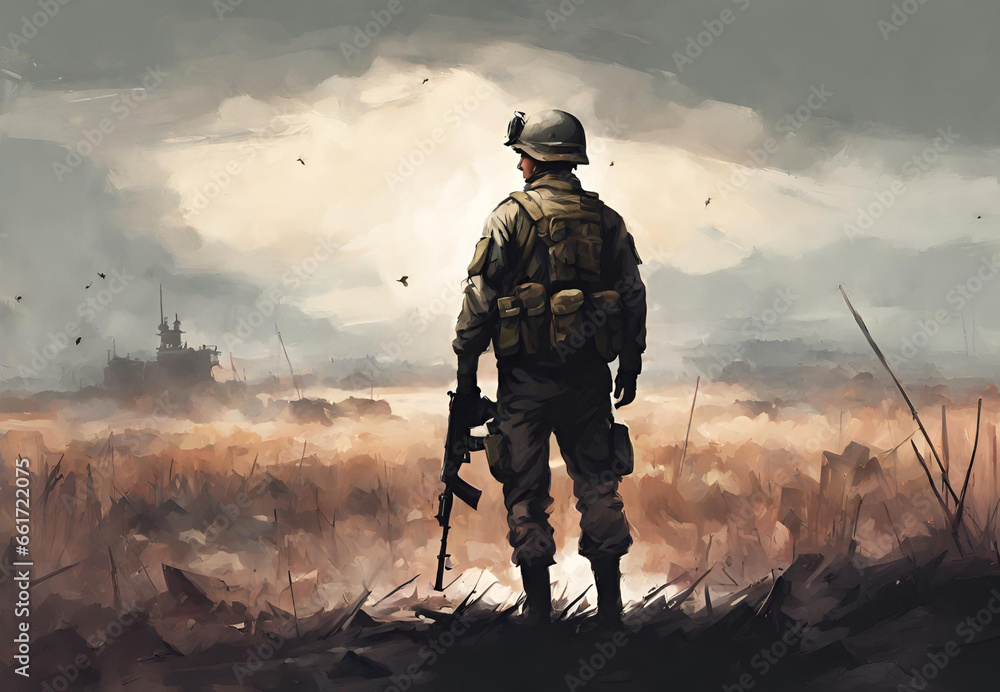 Illustration Stock Brave Soldier with Rifle, Military Warrior Holding ...