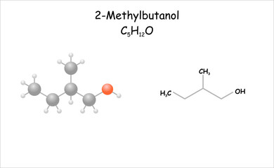 Wall Mural - 2-Methylbutanol. Stylized molecule model and structural formula.