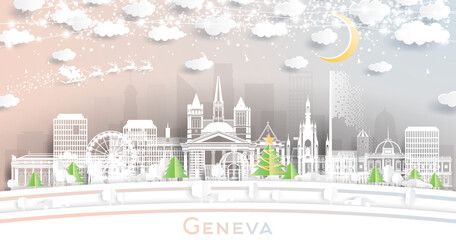 Wall Mural - Geneva Switzerland. Winter City Skyline in Paper Cut Style with Snowflakes, Moon and Neon Garland. Christmas, New Year Concept. Geneva Cityscape with Landmarks.