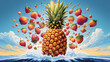 A pineapple with fruit splashing