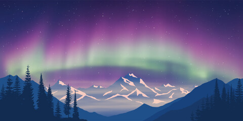 Wall Mural - fantasy on the theme of the northern landscape. dusk and polar lights. forest and sunset light. vect