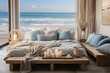 A bedroom with soft grays, muted blues, and touches of seashell white. Diffused light creates a relaxing coastal retreat.
