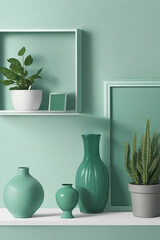 Home plant, vases, picture frame with and without photo against mint green wall. Background template. Created with Generative AI technology