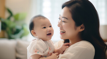 Happy smile mother takes care and hold her cute baby, selective focus