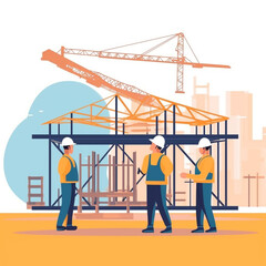 Wall Mural - Workers and machines are working on the construction site. Construction workers and construction site conceptual illustration.