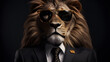 lion wearing black sunglasses and a blue suit with a tie