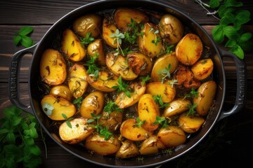 Wall Mural - Roasted baby potatoes in iron skillet.