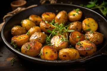 Wall Mural - Roasted baby potatoes in iron skillet.