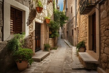  a scenic Mediterranean street in Fornalutx, Majorca. Generative AI