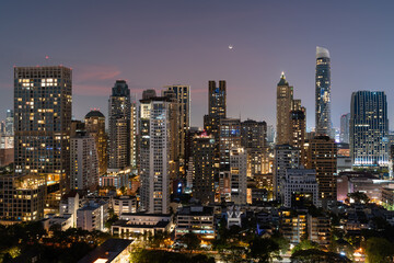  Panoramic view on night Bangkok skyline, skyscrapers and lights