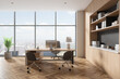 White and wooden CEO office interior with bookcase