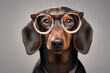 dachshund dog wearing glasses and looking up on dark background. Portrait of a cute dachshund dog with glasses on a dark background. studio shot. a puppy with glasses