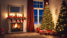 Decorated Christmas Tree In Sitting Room With Fireplace, Christmas Time. Generative Ai