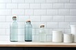 Bottles of purified water by kitchen counter next to white brick wall. Generative AI