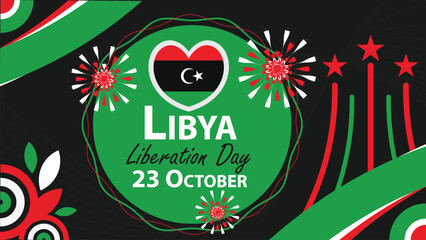 Wall Mural - Libya Liberation Day vector banner design with geometric shapes and vibrant colors on a horizontal background. Happy Libya Liberation Day modern minimal poster.