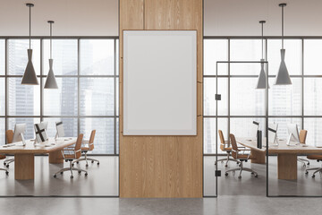 Modern office interior with pc display and panoramic window. Mockup frame