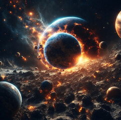 Wall Mural - Planetary collisions and explosions in space.Generative Ai