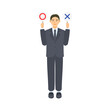 © nagamushi studio - 丸とバツのプラカードを持つ男性会社員。フラットなベクターイラスト。 A male office worker holding a placard with a circle and a cross on it. Flat designed vector illustration.