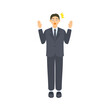 © nagamushi studio - 両手をあげて驚く男性会社員。フラットなベクターイラスト。A male office worker raising both hands in surprise. Flat designed vector illustration.