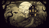 Fototapeta Paryż - Illustration of a haunted house in shades of dark white. Halloween, fear, horror