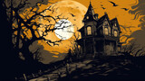 Fototapeta Big Ben - Illustration of a haunted house in shades of dark white. Halloween, fear, horror